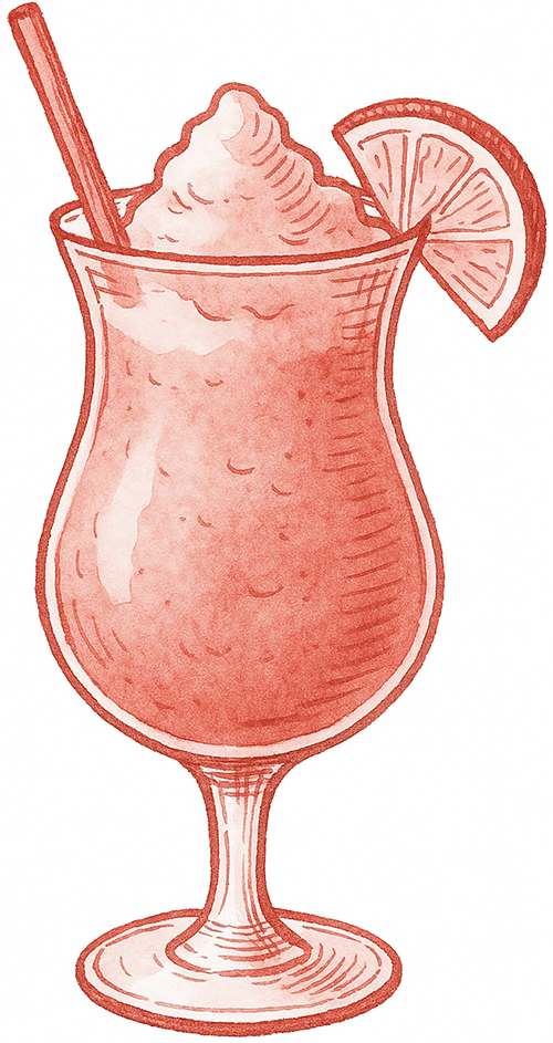 Watercolor illustration of a frozen blended drink in a tall glass with a straw and a lemon slice garnish.
