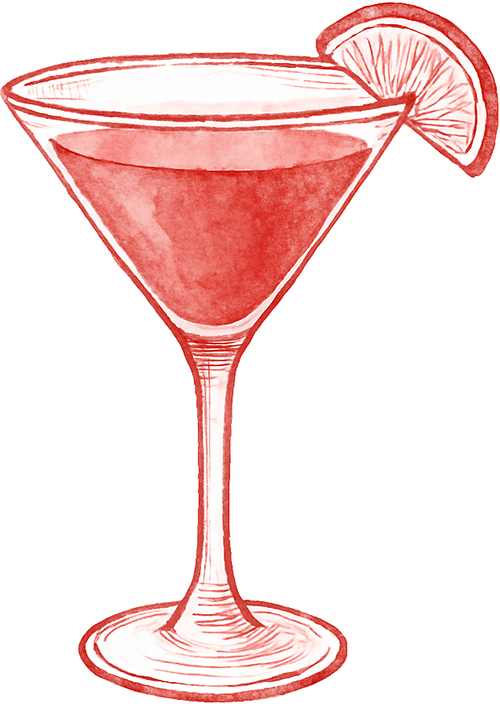 Watercolor illustration of a cocktail glass filled with a red drink and garnished with a lemon wedge on the rim.