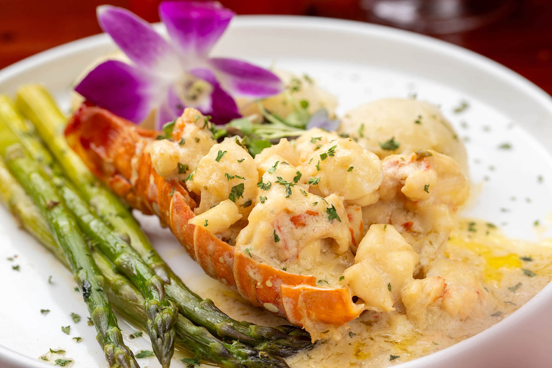 Lobster tail with creamy sauce, garnished with parsley, served with grilled asparagus and a purple edible flower on a white plate.