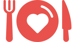 Red icon of a fork, plate with a heart in the center, and knife representing healthy food.